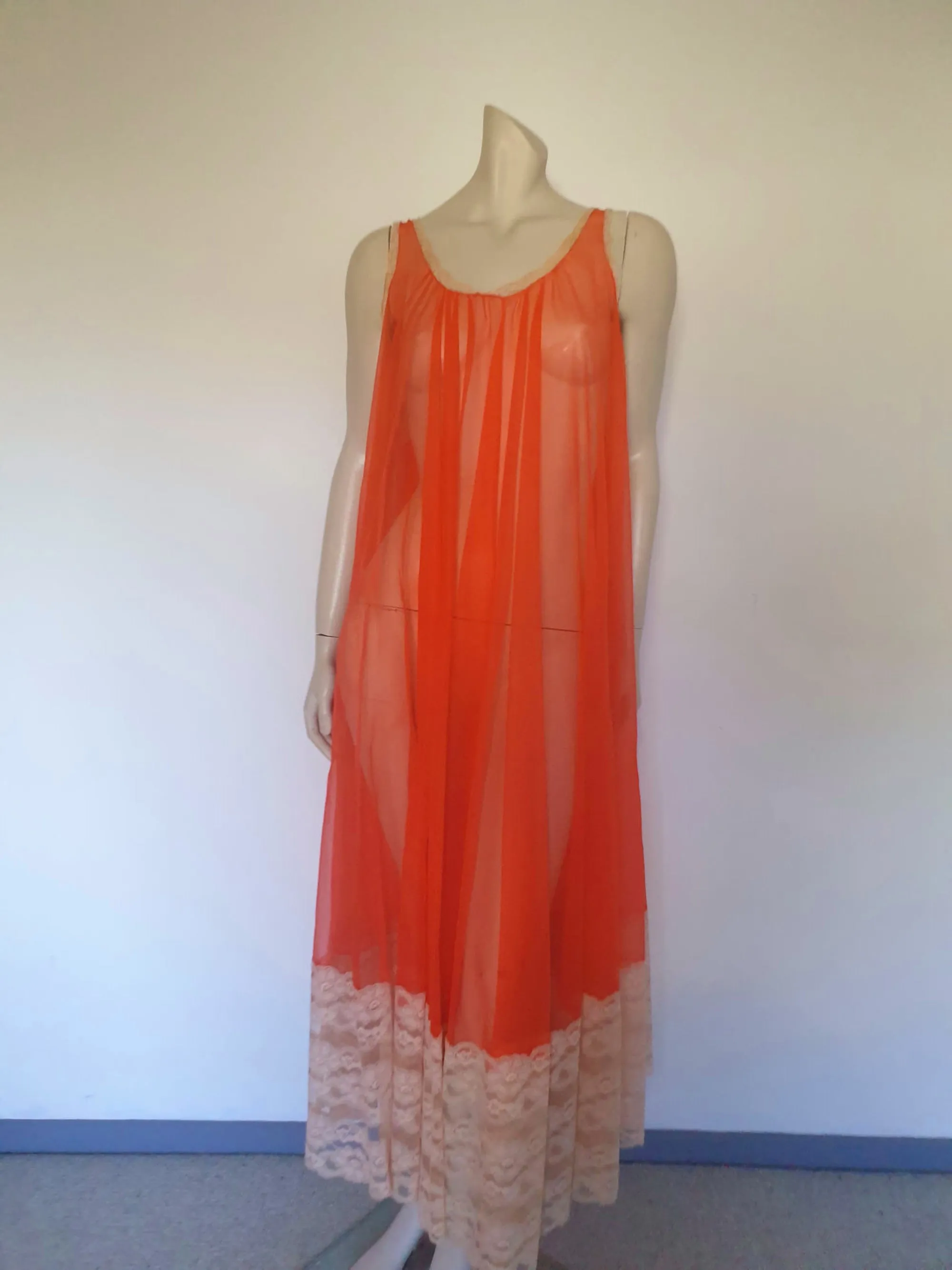 1960s Sheer Red Lacy Negligee Nightgown
