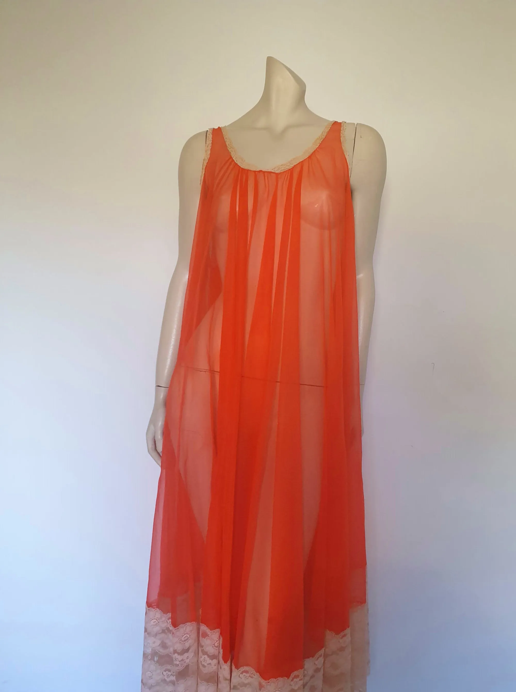 1960s Sheer Red Lacy Negligee Nightgown
