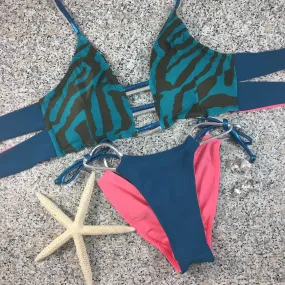 2017 Teal/Coral/Brown 4:1 Flip It Reversible Tie String Bikini Brazilian Cheeky