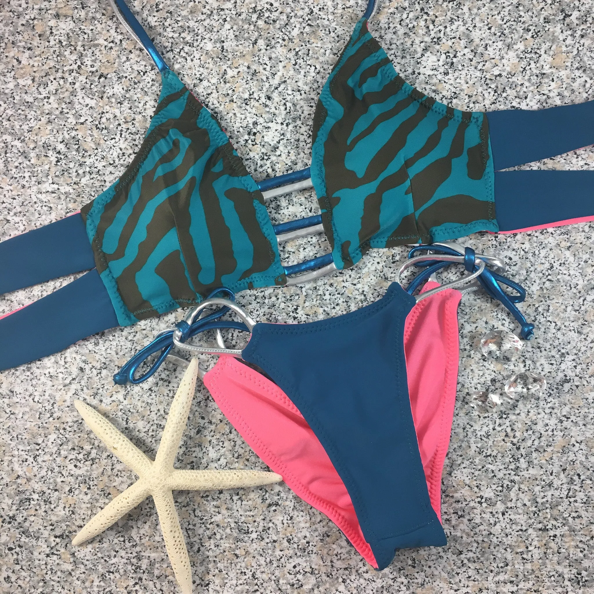 2017 Teal/Coral/Brown 4:1 Flip It Reversible Tie String Bikini Brazilian Cheeky