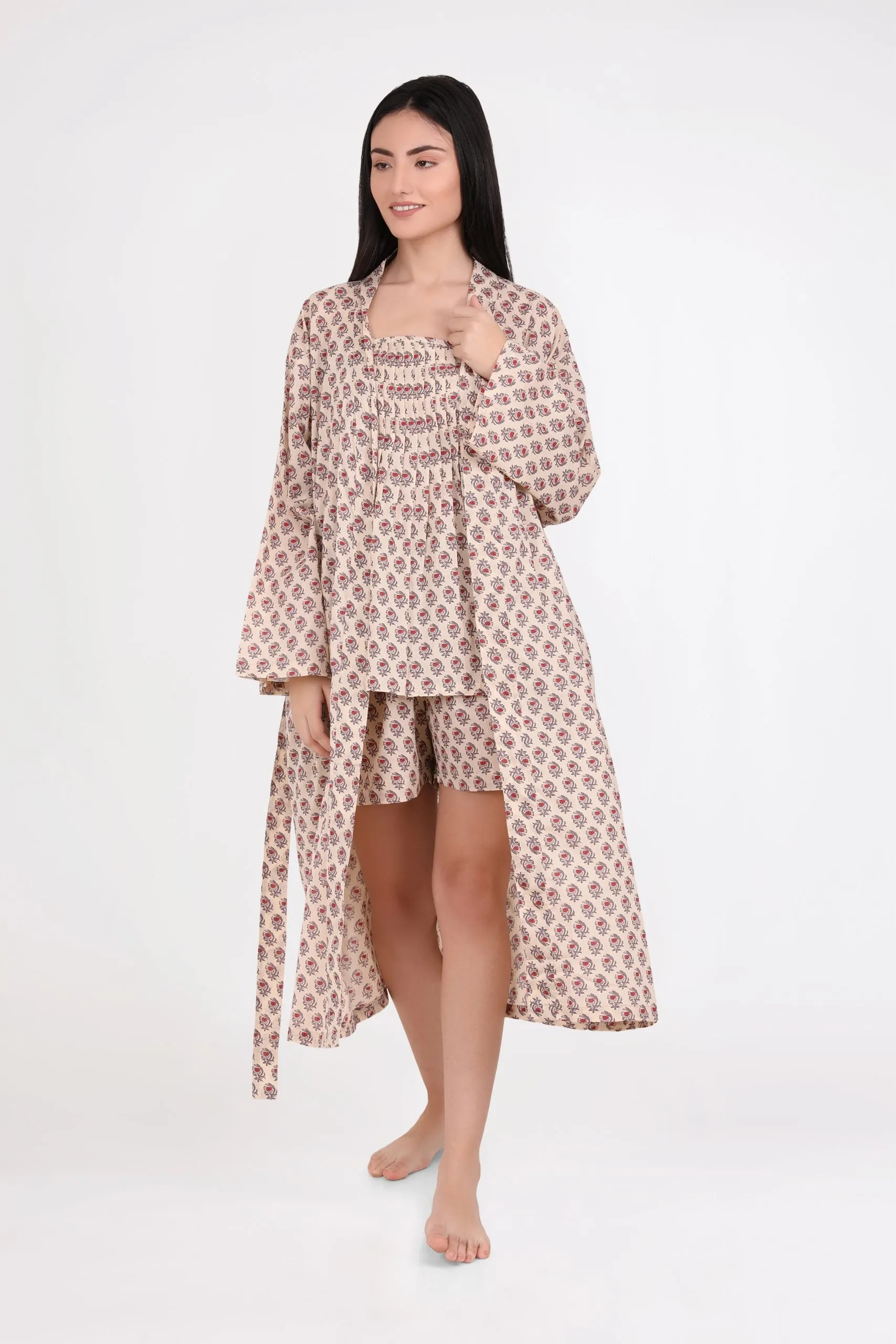 Arabella Dressing Gown Cream with Red Flowers