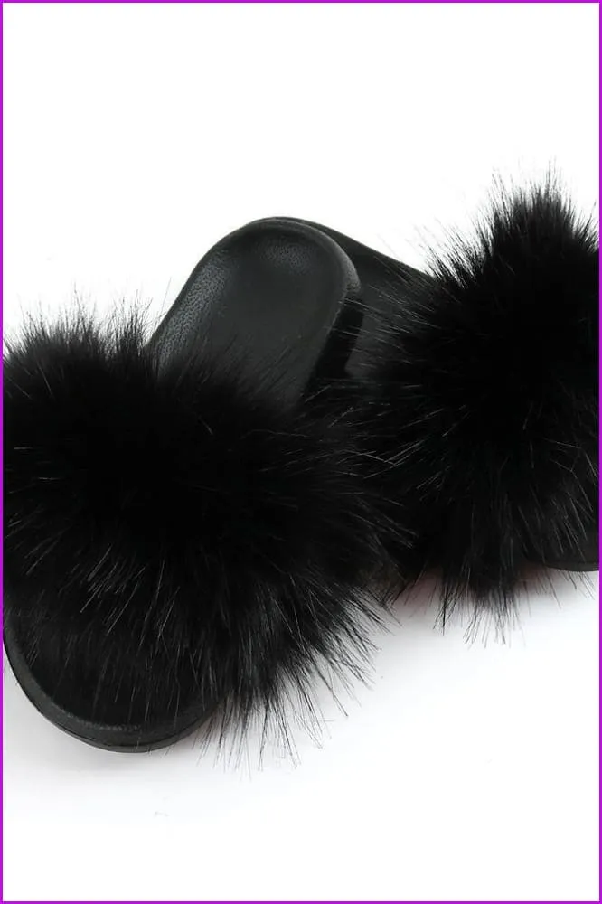 Black Faux Fake Big Fur Slides F152