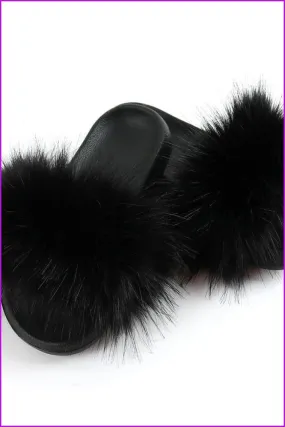 Black Faux Fake Big Fur Slides F152