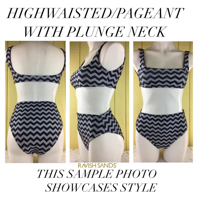 Charcoal Navy Blue Plunge neck 4:1 Flip It Reversible Highwaisted Bikini Pageant (NO Scrunch Butt)Quickship arnold