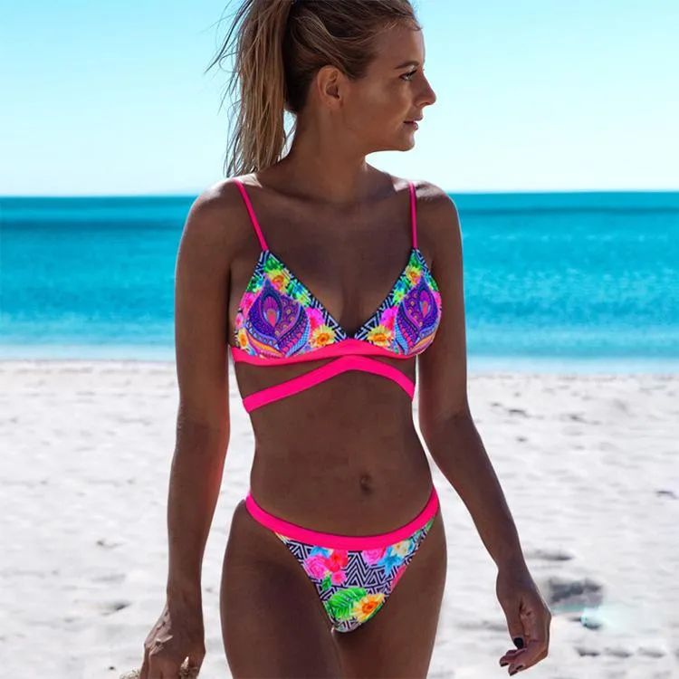 Fashion Print Low Rise Thong Bottom Bikinis