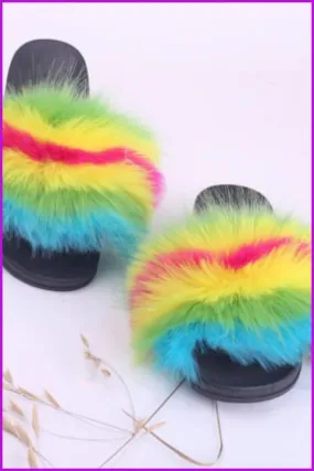 Faux Fake Green Yellow Pink Blue Fur Slides #4 F153