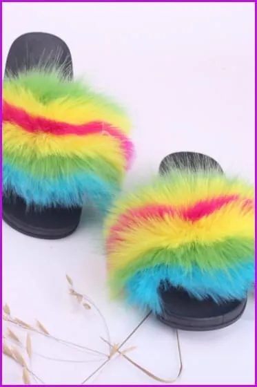 Faux Fake Green Yellow Pink Blue Fur Slides #4 F153