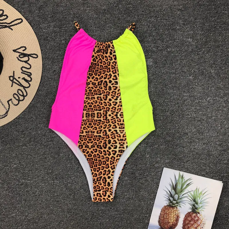 Halter Colorblock Leopard Low Back High Cut Swimsuits