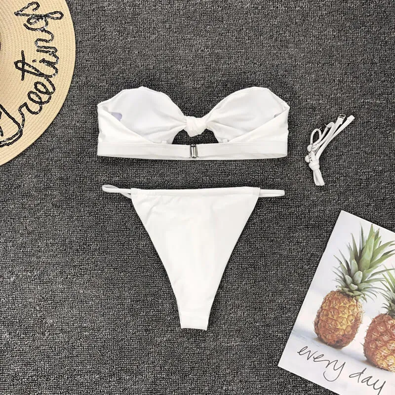 Hot Cutout Plain Padded Top Thong Bottom Bikinis