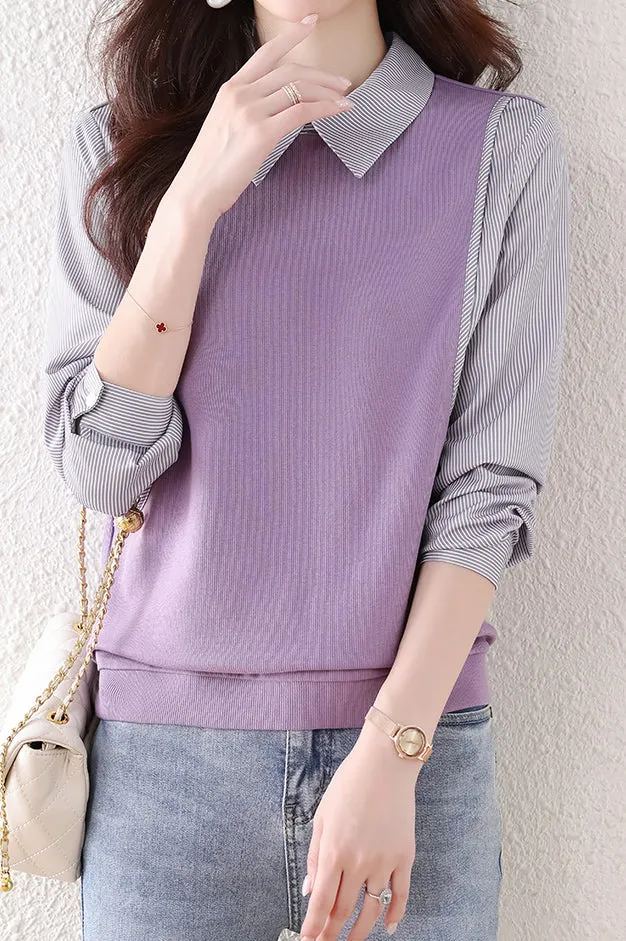 Layered Look Shirt Color Stripe Contrast Knit