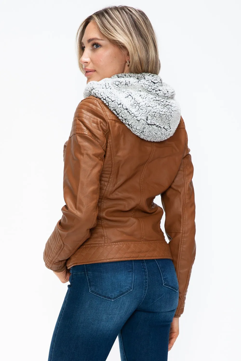 Layered Look Vegan Leather Jacket in Camel