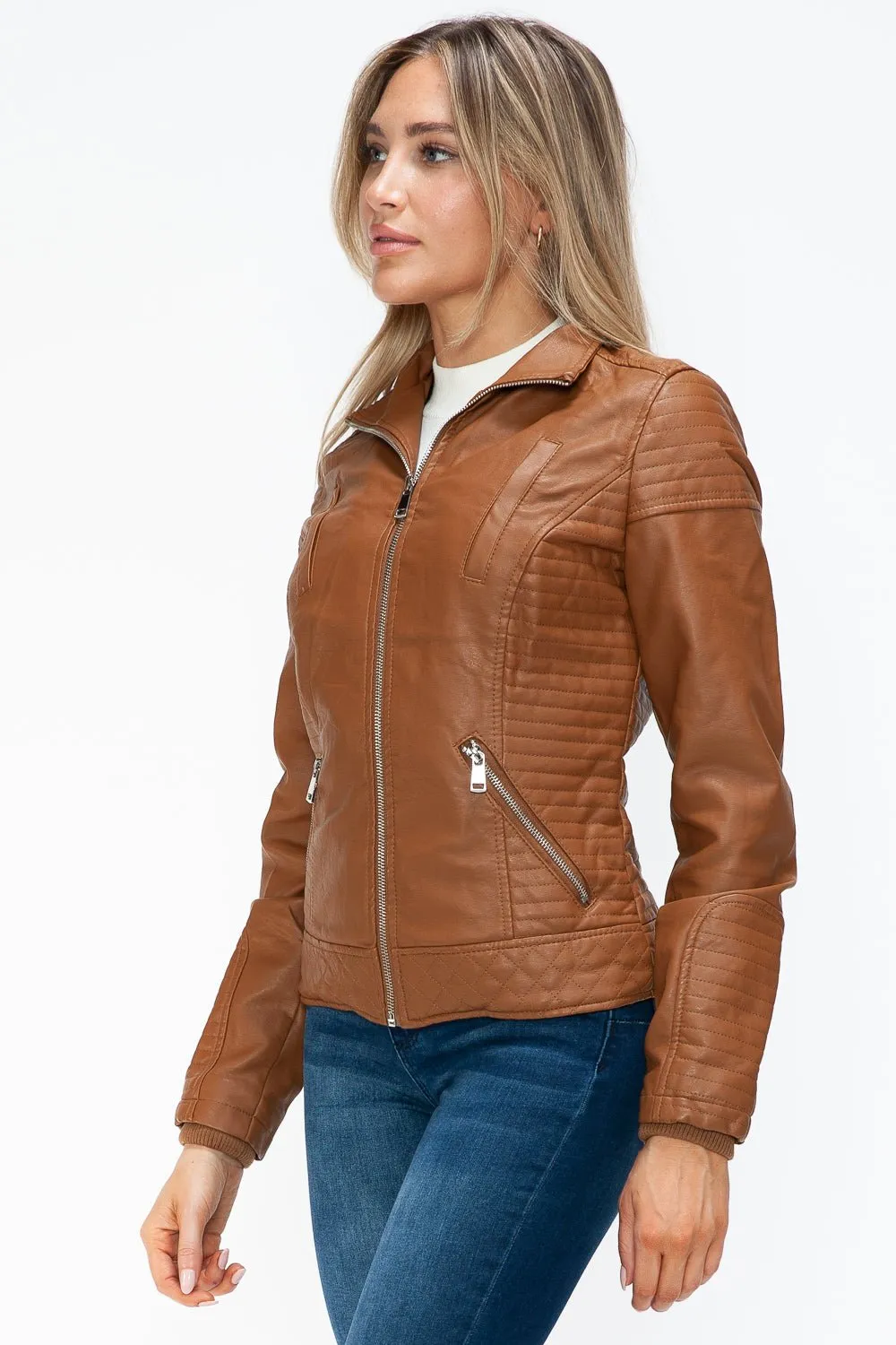 Layered Look Vegan Leather Jacket in Camel
