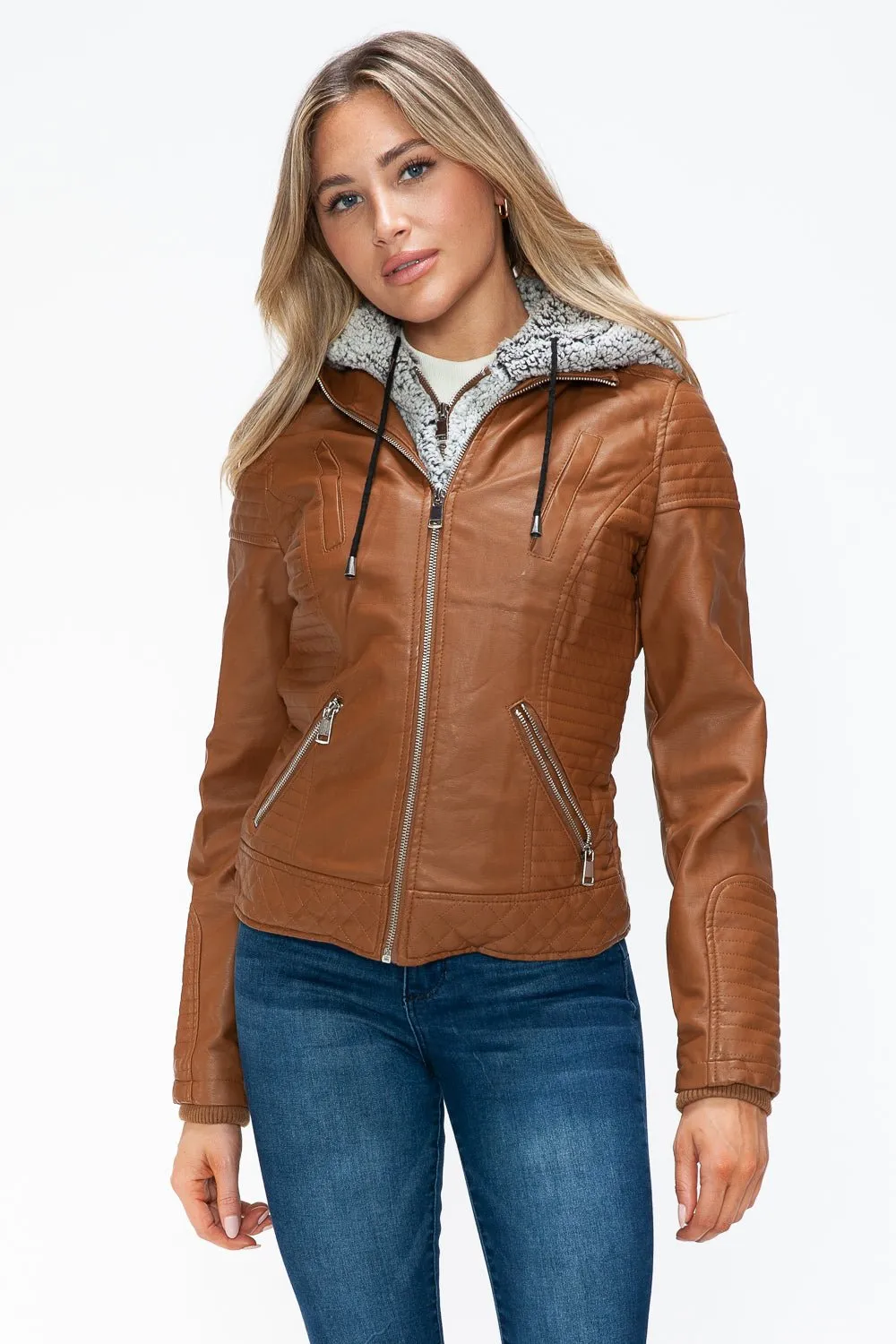 Layered Look Vegan Leather Jacket in Camel