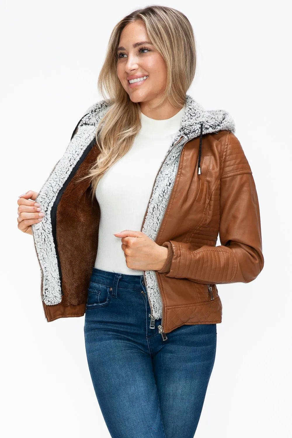 Layered Look Vegan Leather Jacket in Camel