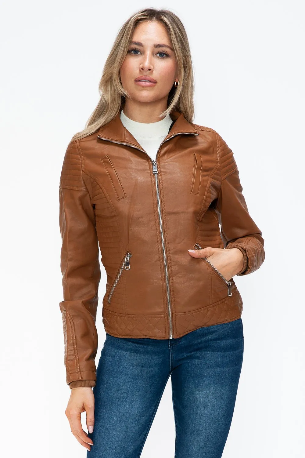 Layered Look Vegan Leather Jacket in Camel