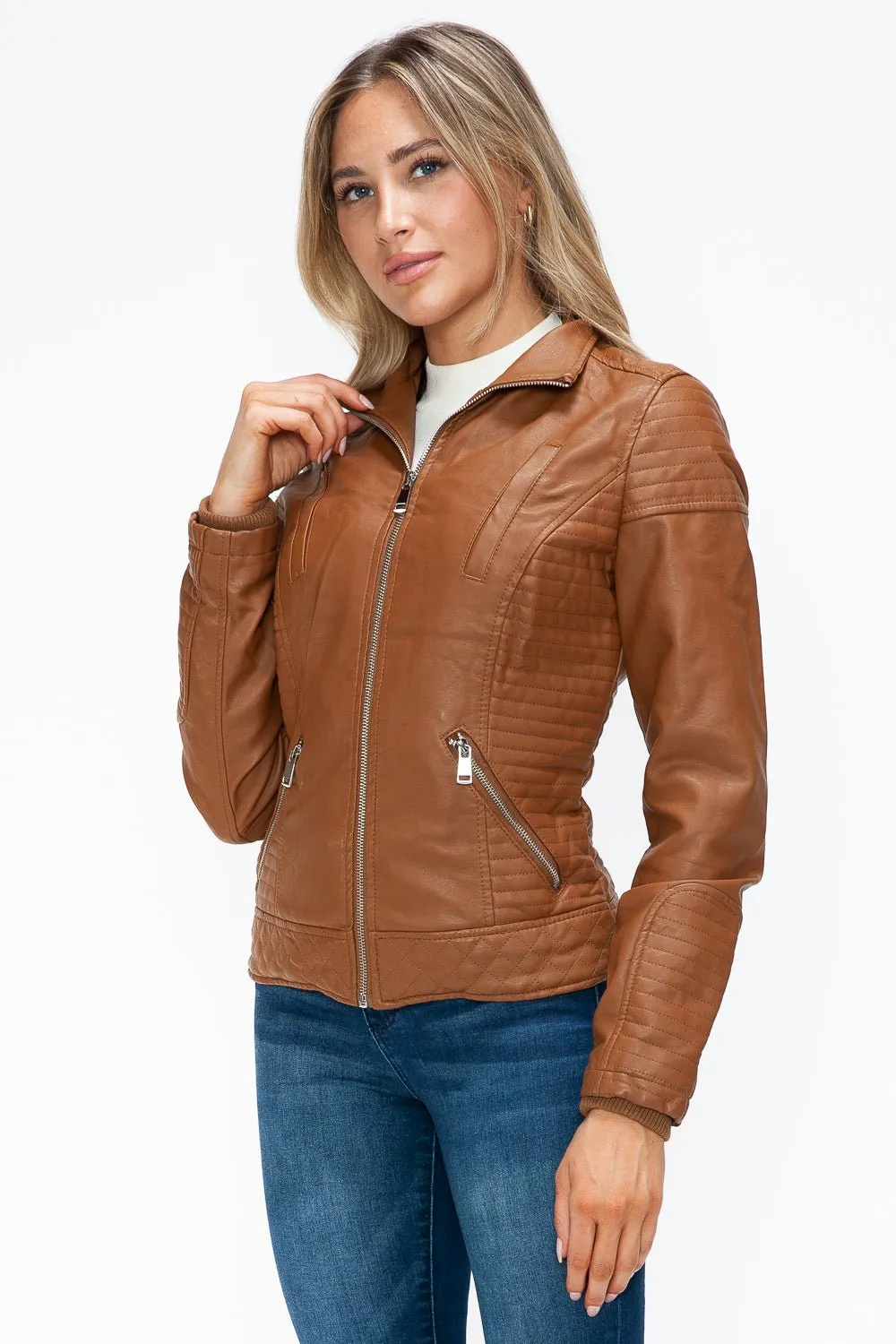 Layered Look Vegan Leather Jacket in Camel