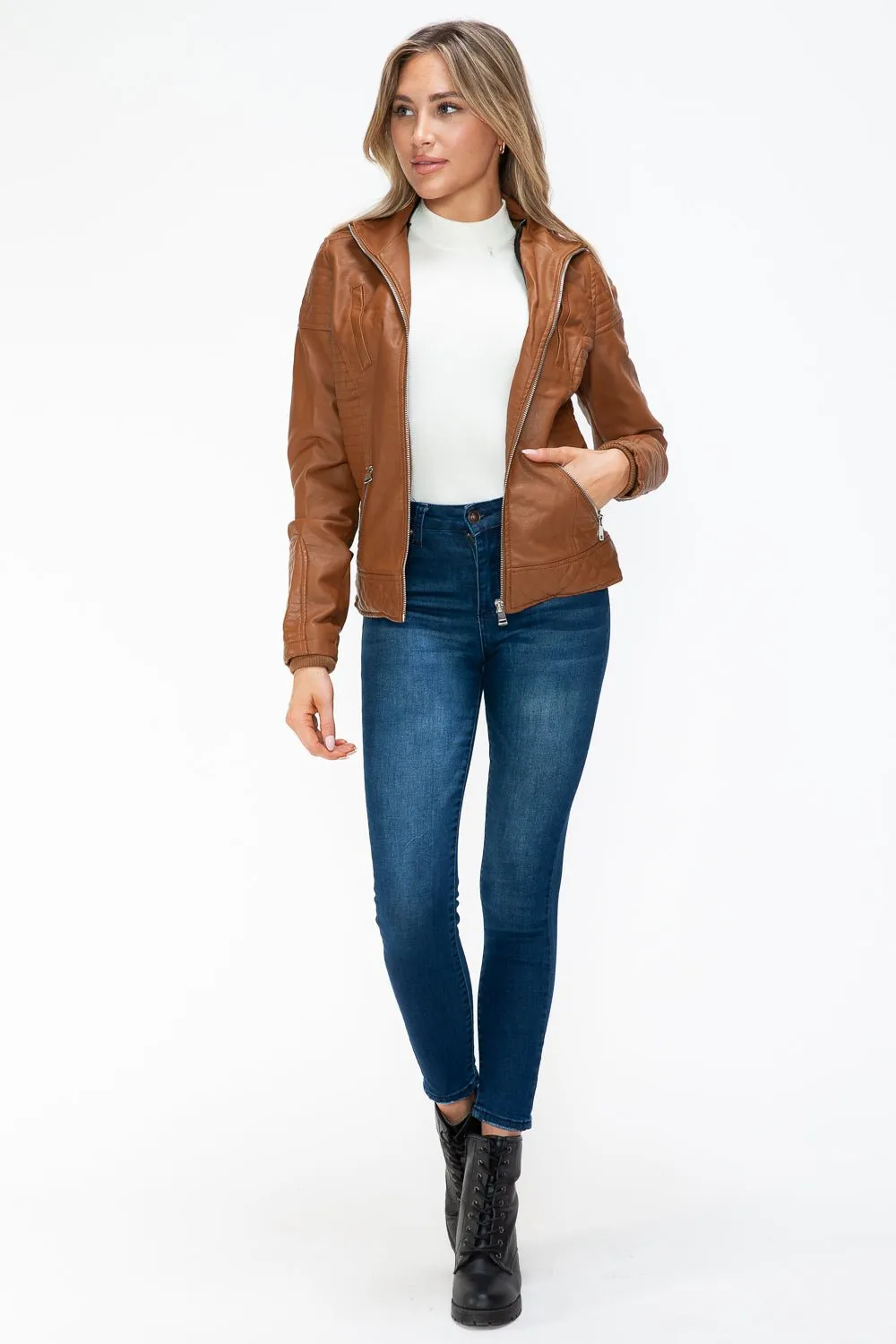 Layered Look Vegan Leather Jacket in Camel