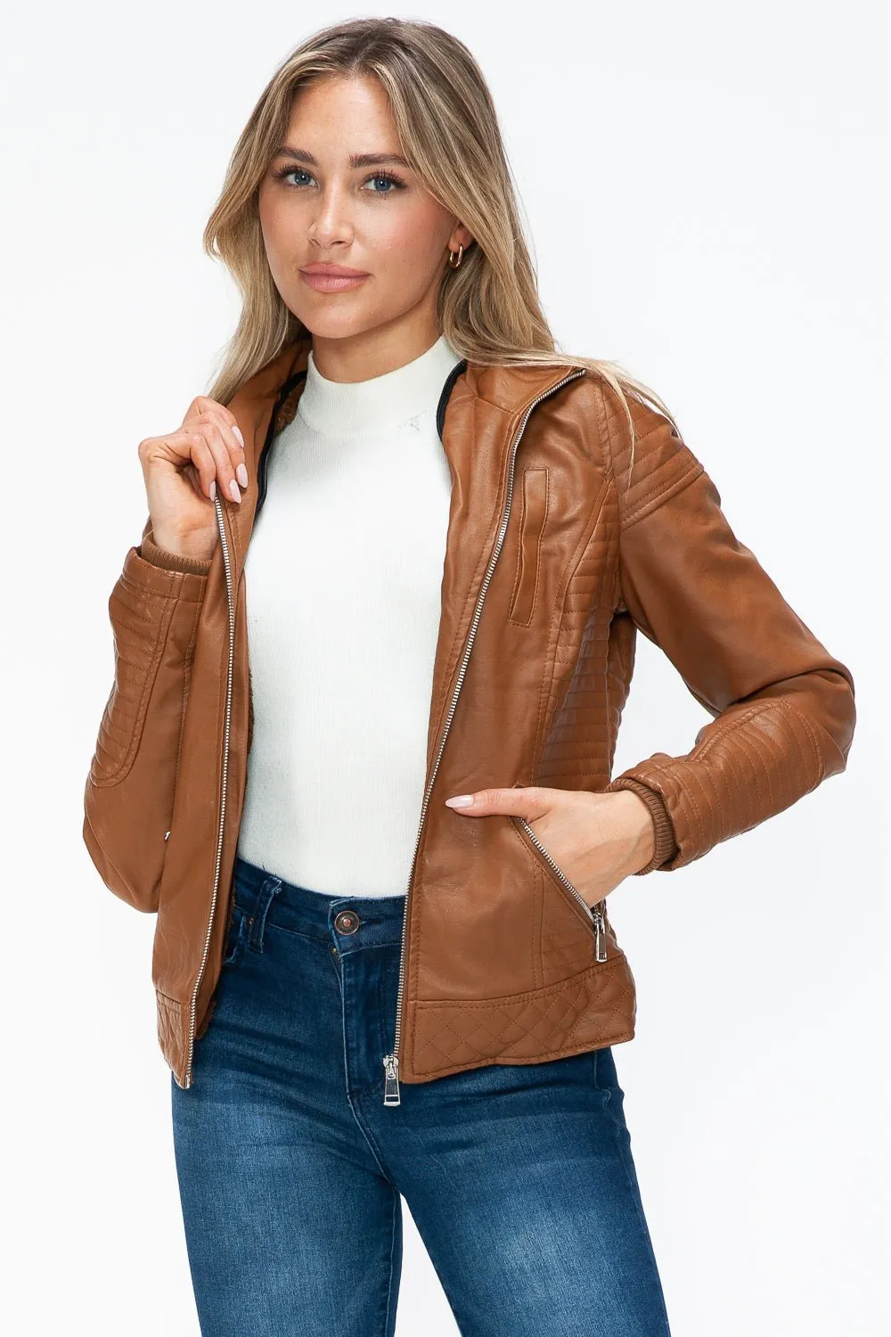 Layered Look Vegan Leather Jacket in Camel