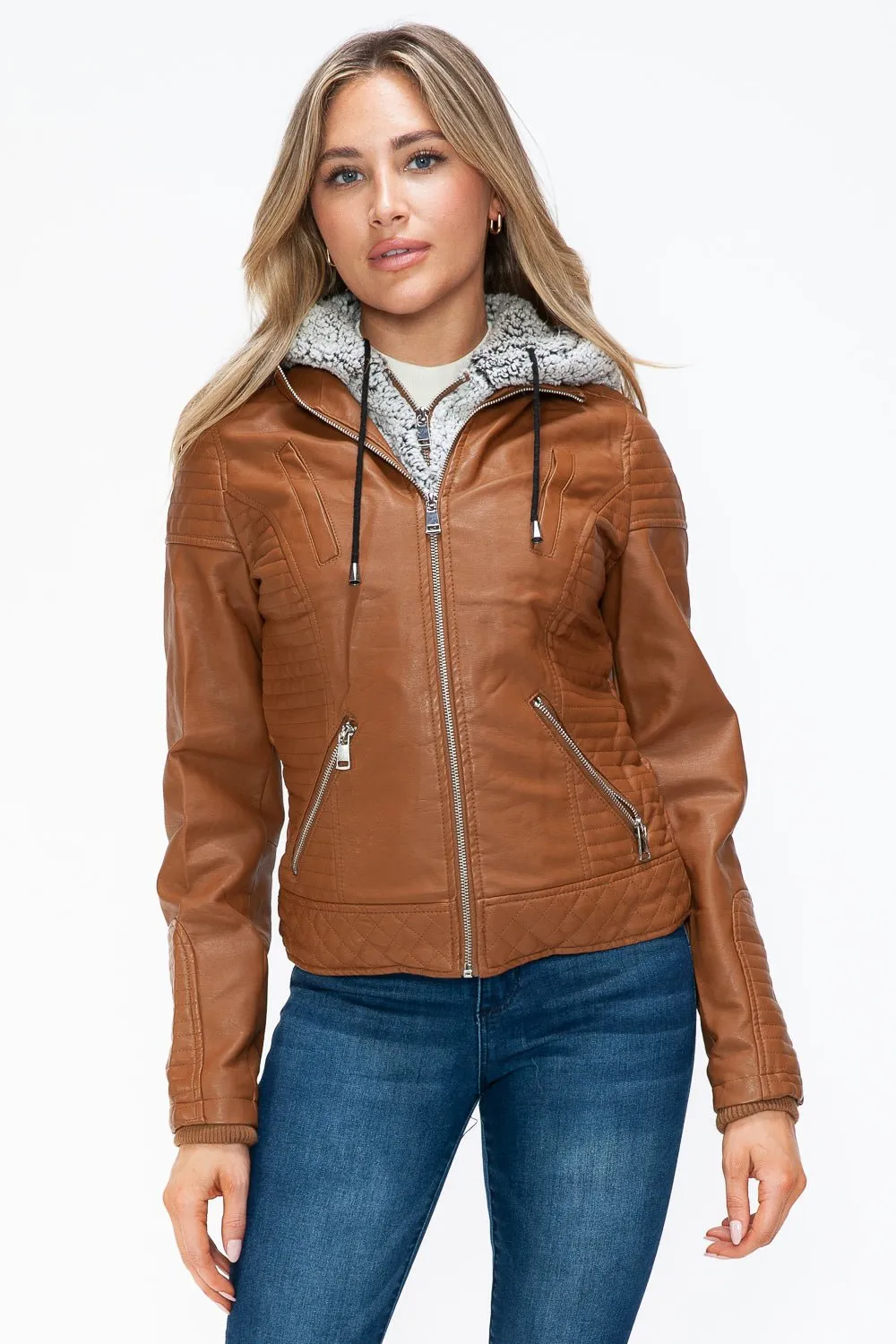Layered Look Vegan Leather Jacket in Camel