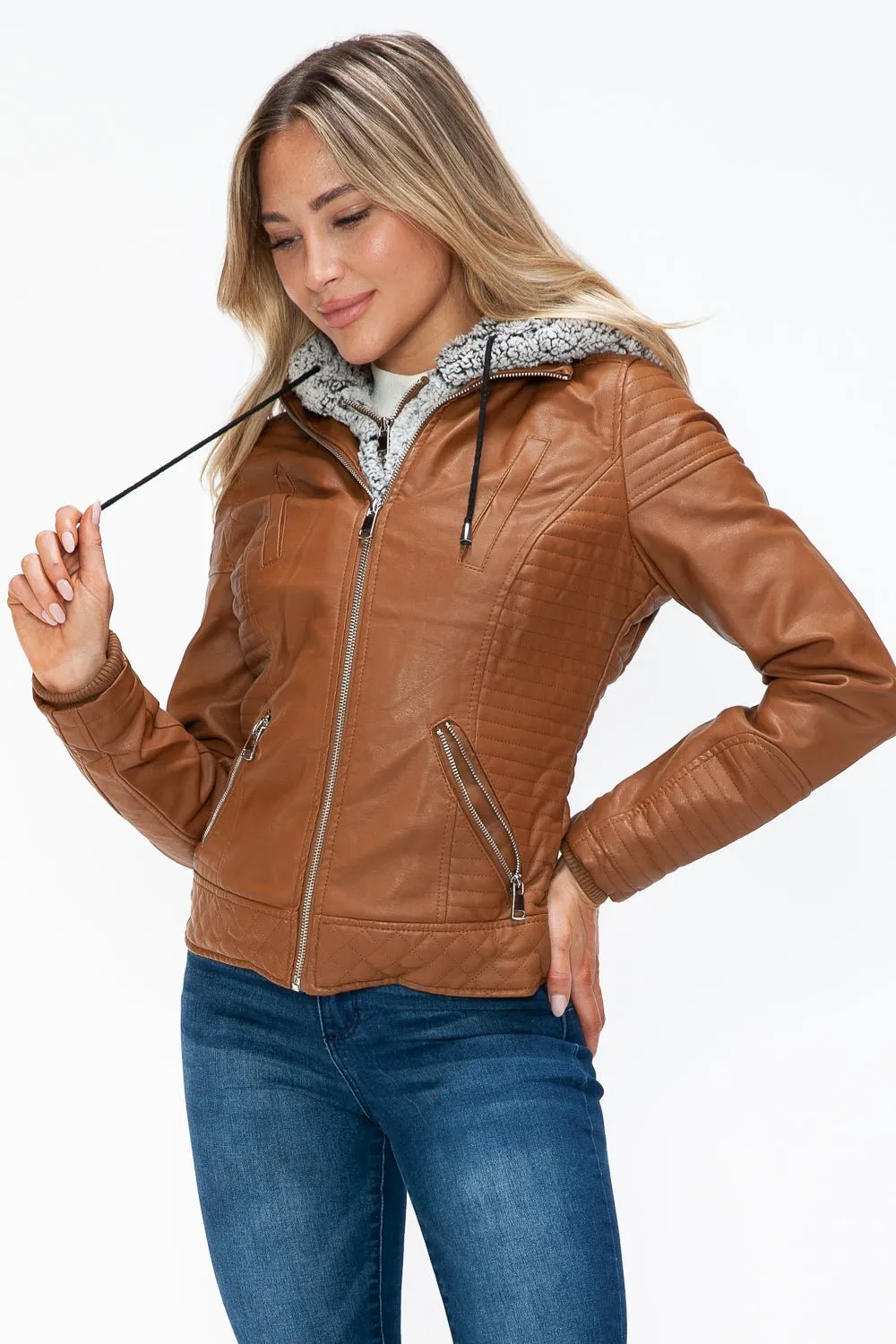Layered Look Vegan Leather Jacket in Camel