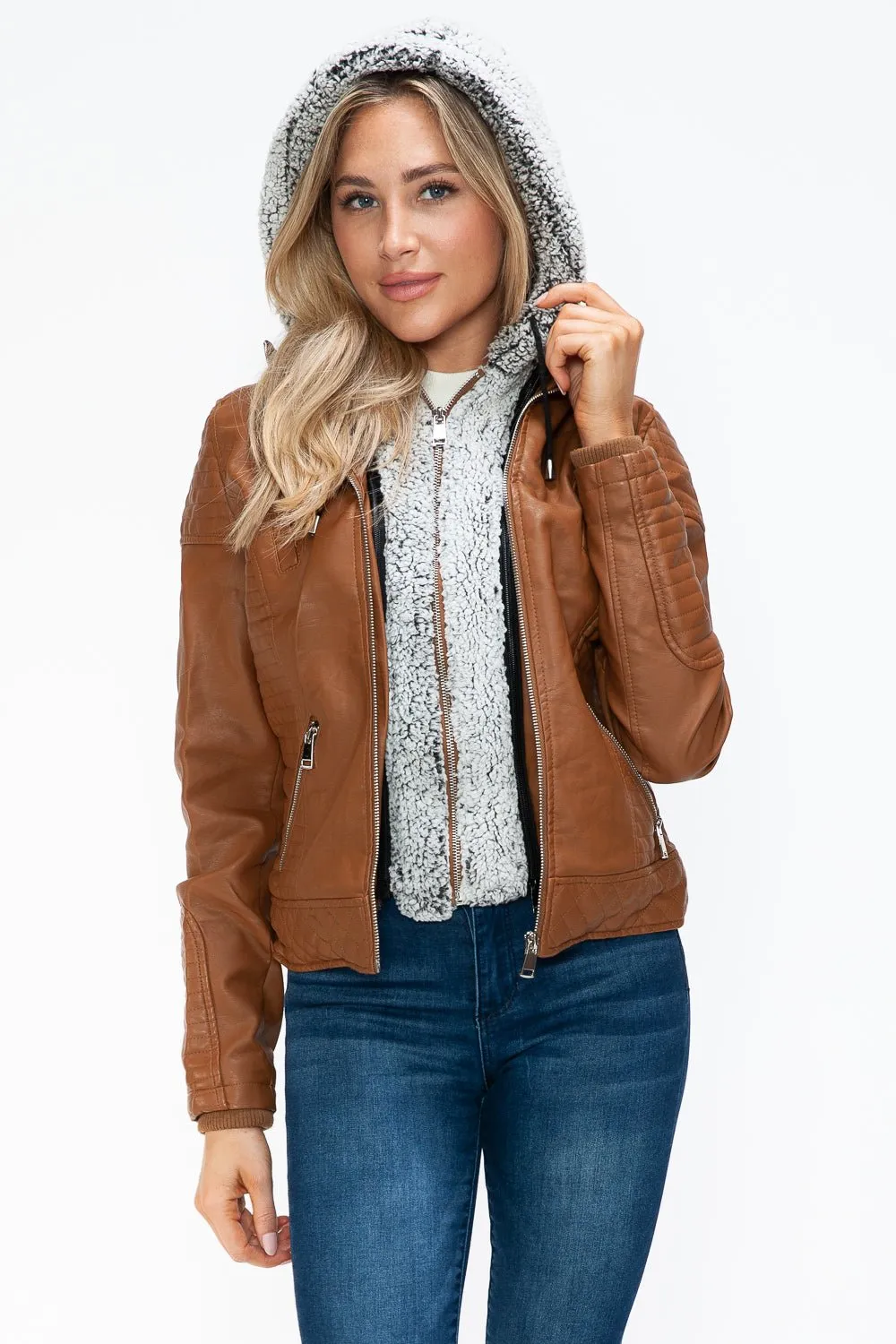 Layered Look Vegan Leather Jacket in Camel