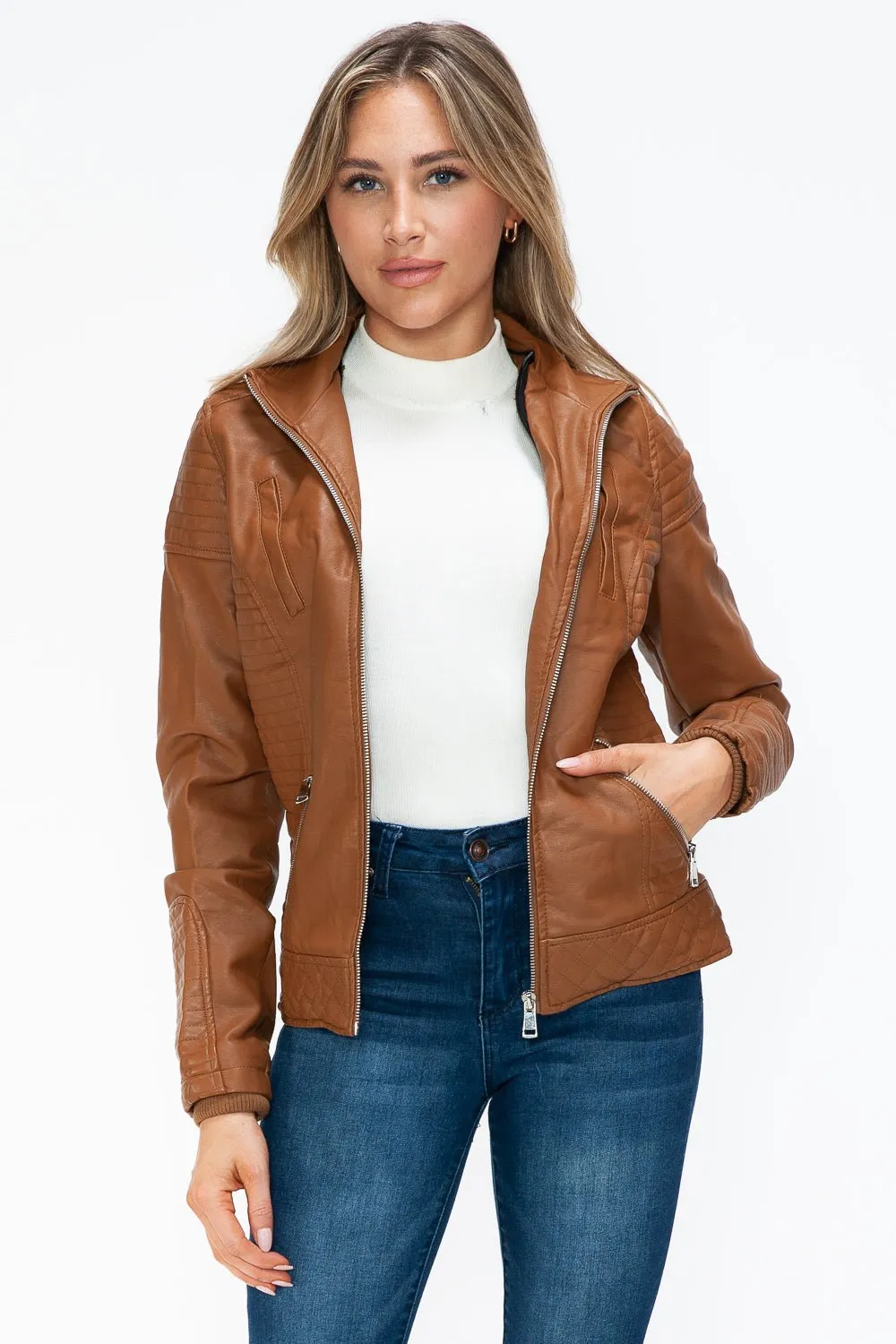Layered Look Vegan Leather Jacket in Camel