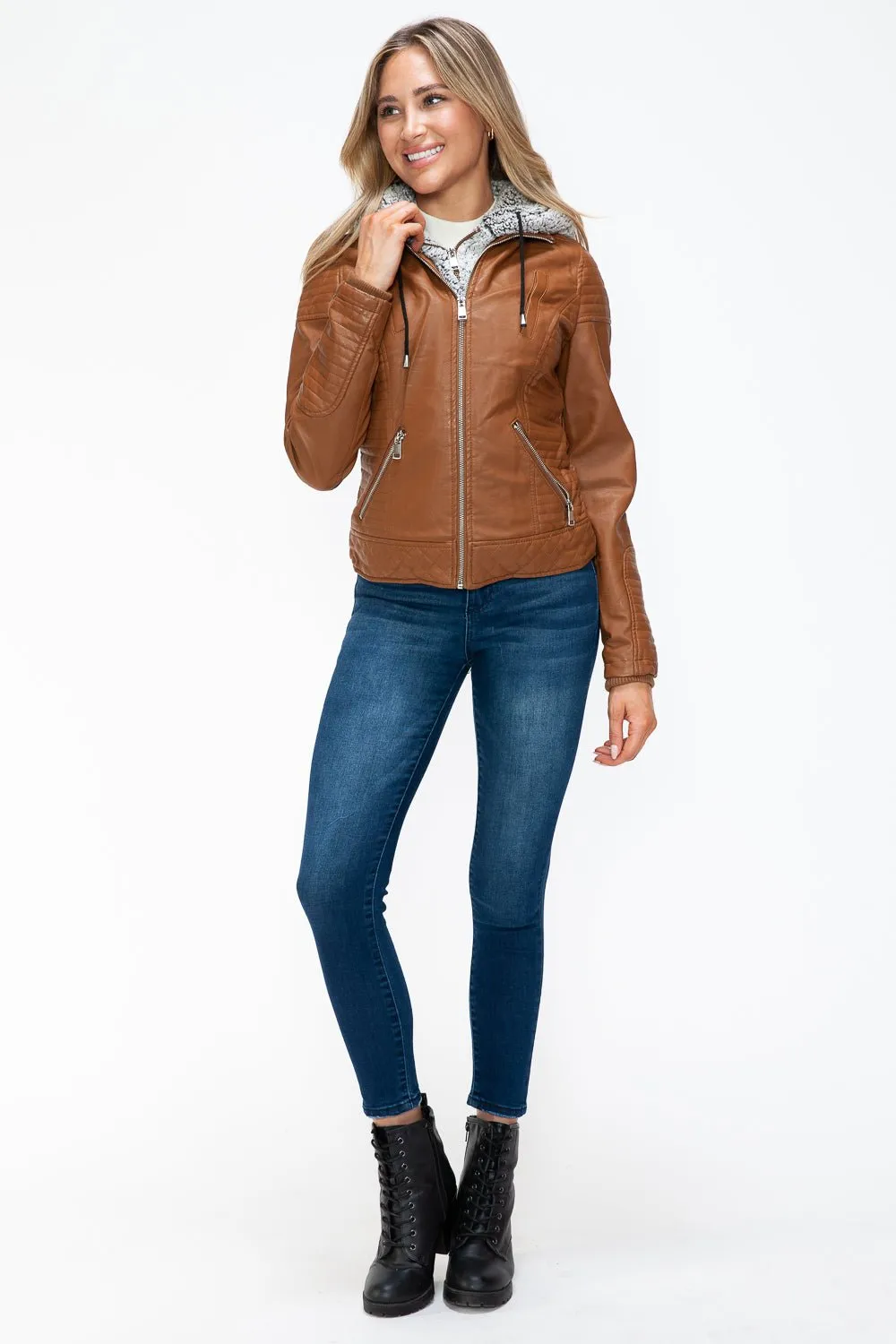 Layered Look Vegan Leather Jacket in Camel