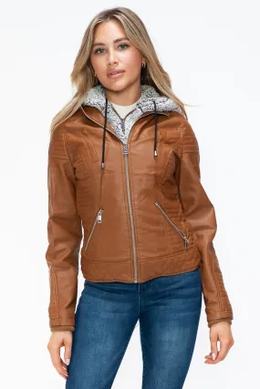 Layered Look Vegan Leather Jacket in Camel