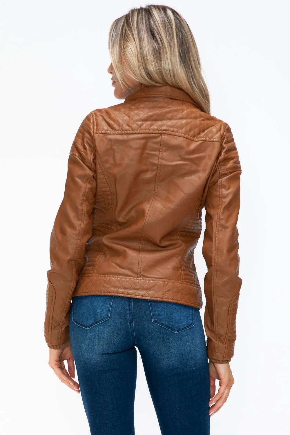 Layered Look Vegan Leather Jacket in Camel