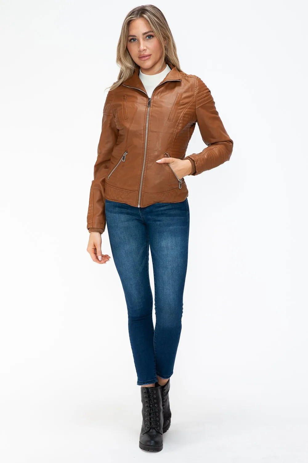 Layered Look Vegan Leather Jacket in Camel