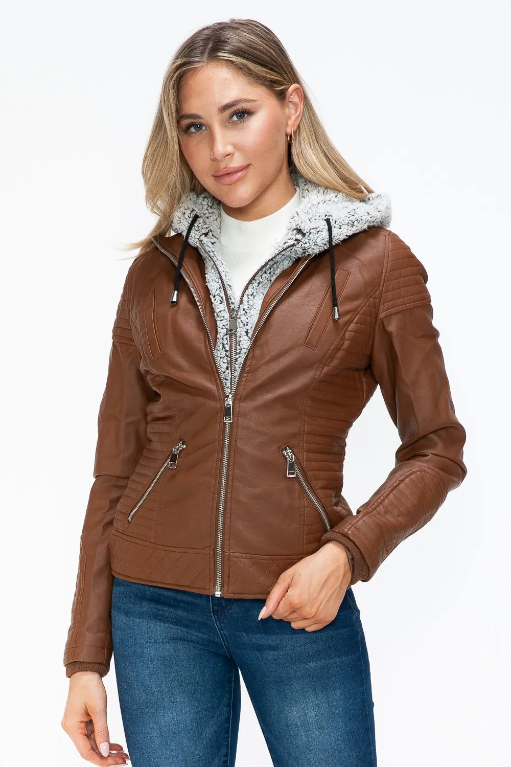 Layered Look Vegan Leather Jacket in Rust
