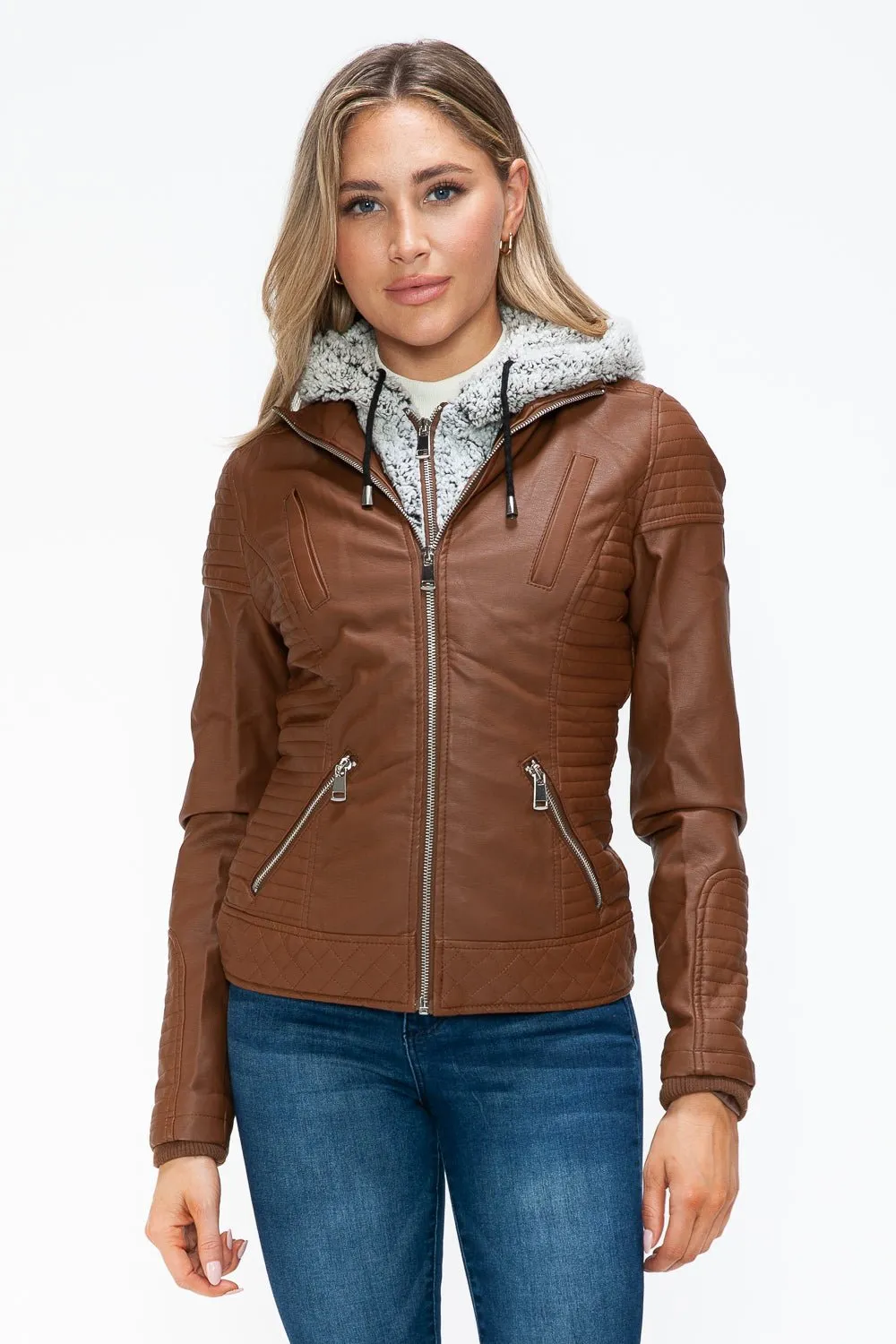 Layered Look Vegan Leather Jacket in Rust