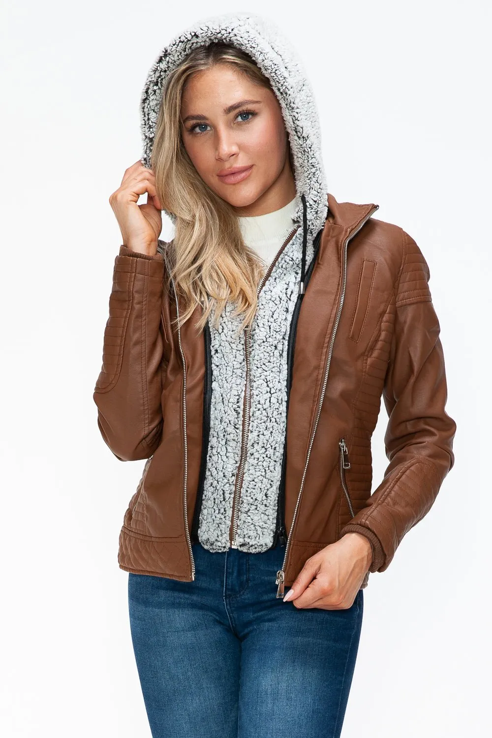 Layered Look Vegan Leather Jacket in Rust
