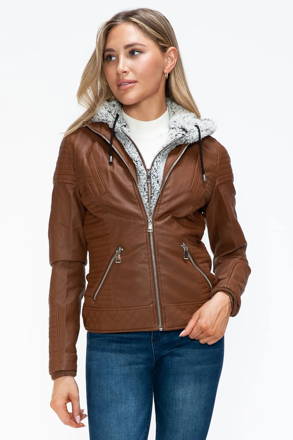 Layered Look Vegan Leather Jacket in Rust