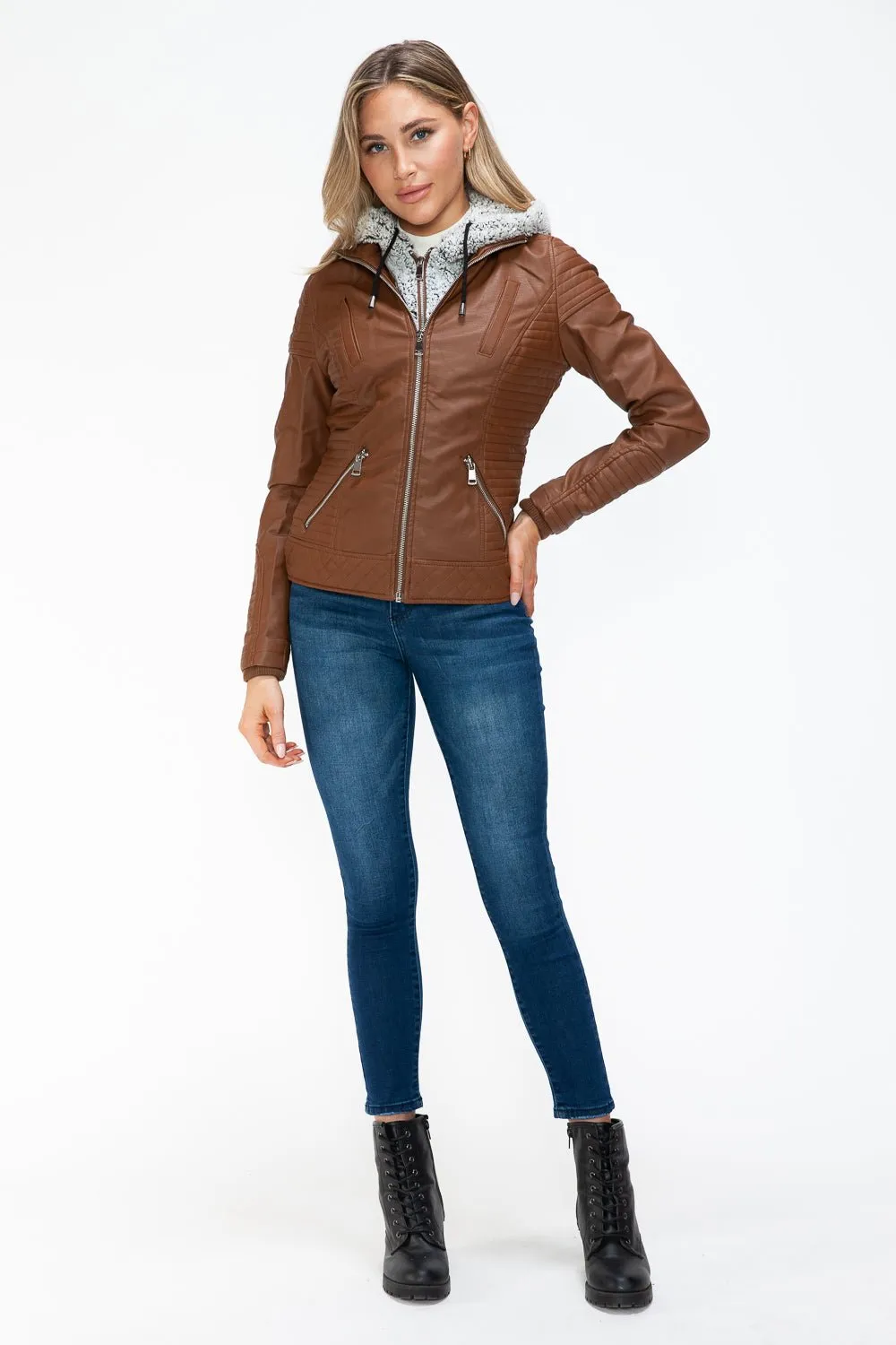 Layered Look Vegan Leather Jacket in Rust