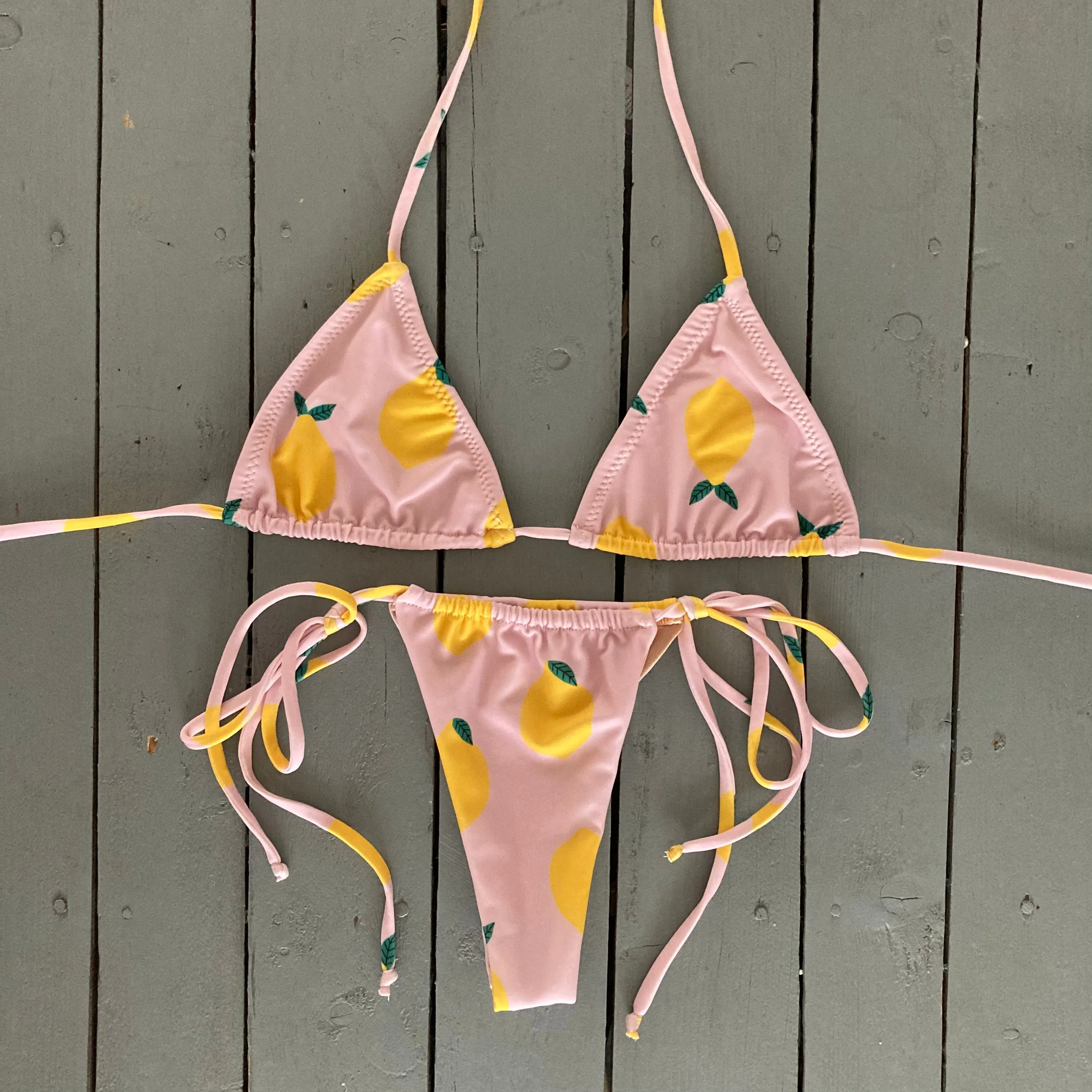 Lemon Print Spaghetti Tie Cinched Thong Bikini Bottom