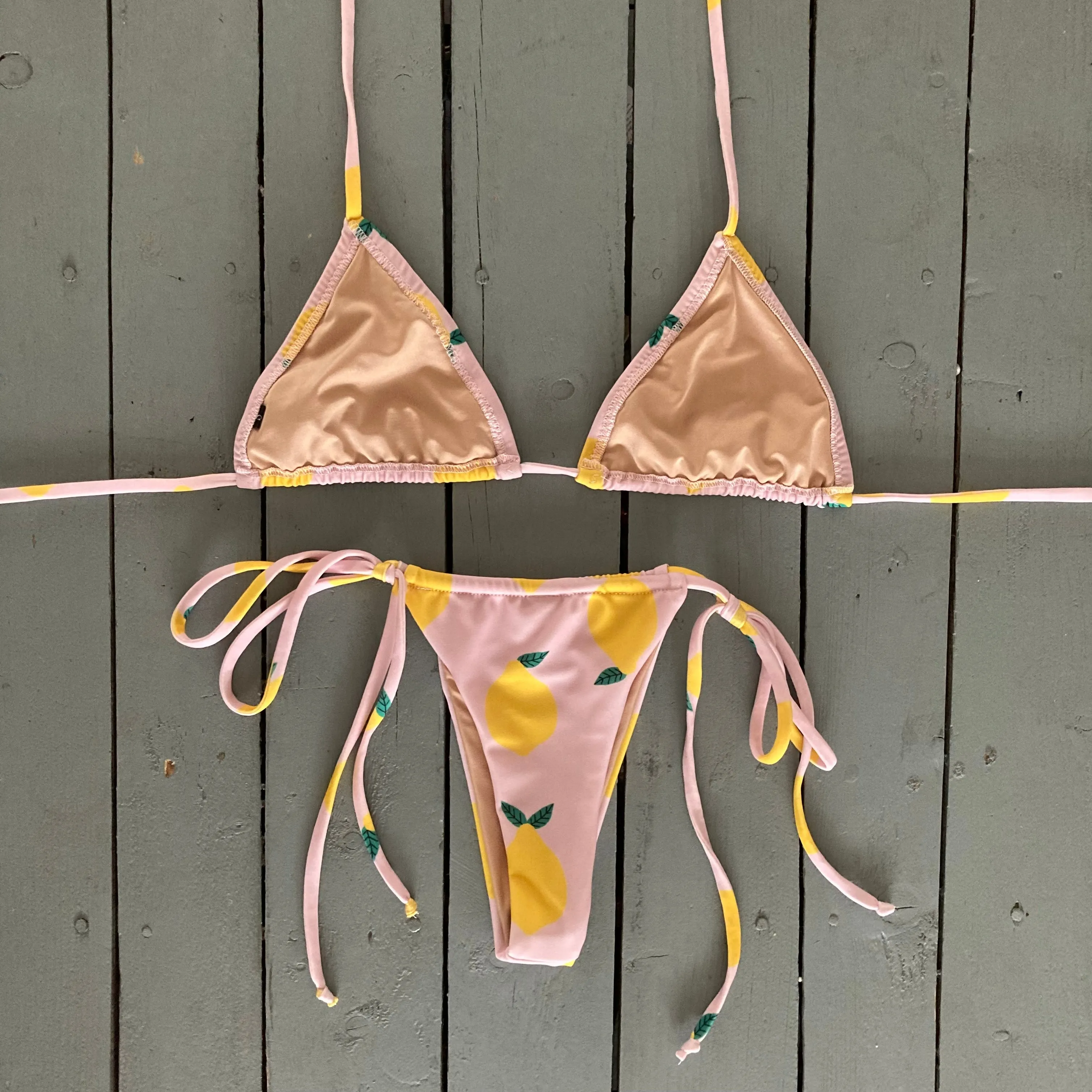 Lemon Print Spaghetti Tie Cinched Thong Bikini Bottom