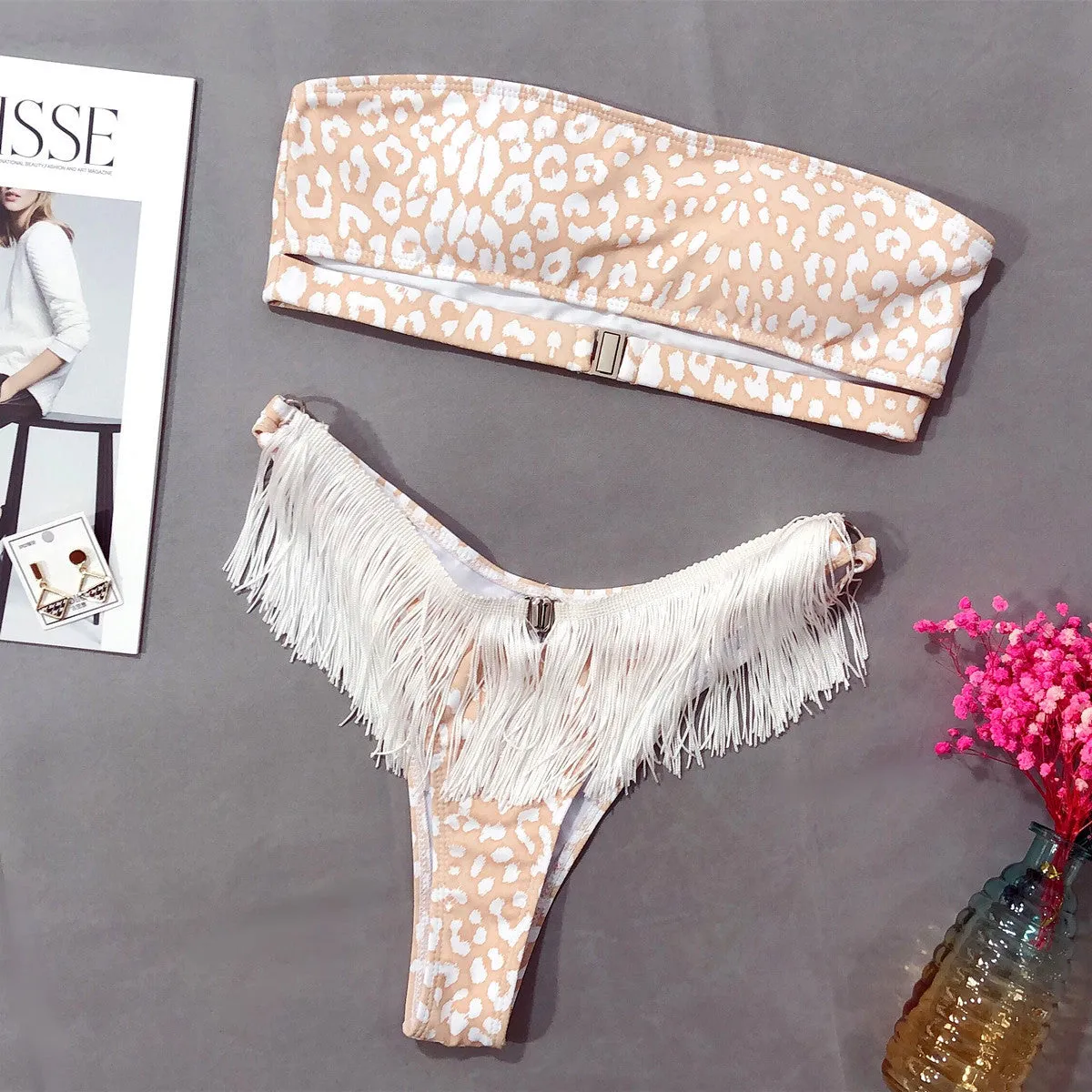 Leopard Fringe Buckle Thong Bottom Tube Bikinis