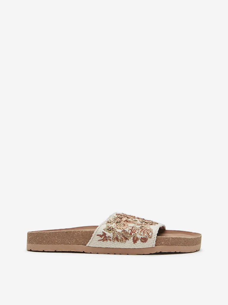 LUNA BLU Beige Tropical Embellished Single Band Slides
