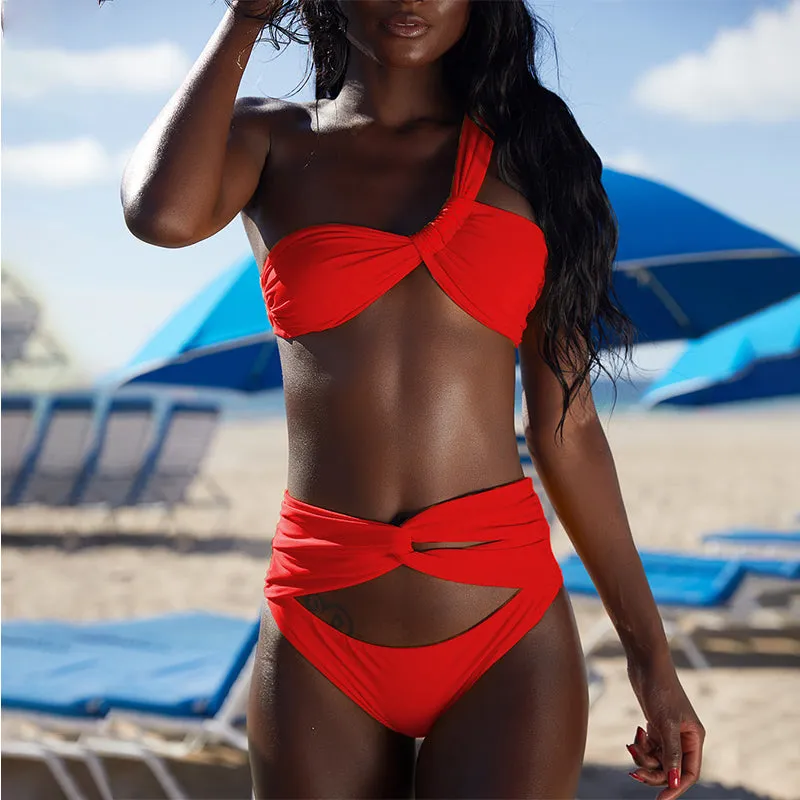 One Shoulder Cutout Strappy High Rise Thong Bottom Bikinis
