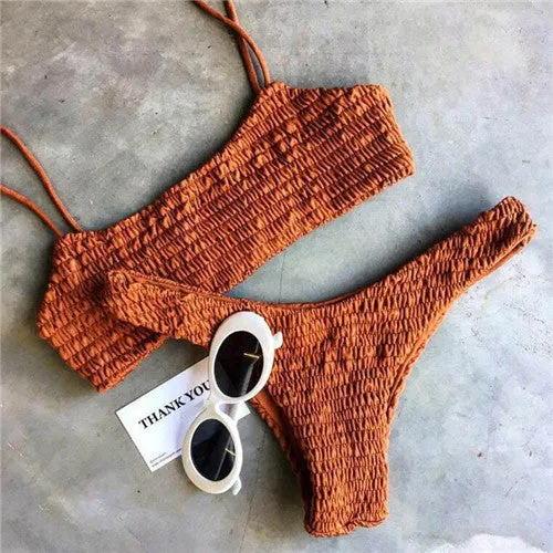Plain Smocked Mid Rise Thong Bottom Bikinis