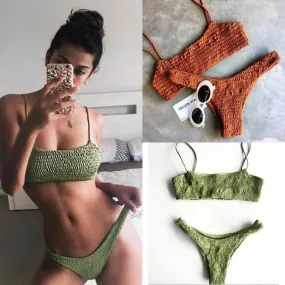 Plain Smocked Mid Rise Thong Bottom Bikinis