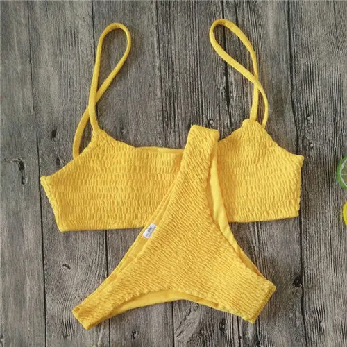 Plain Smocked Mid Rise Thong Bottom Bikinis