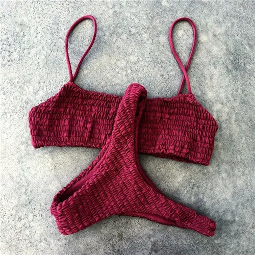 Plain Smocked Mid Rise Thong Bottom Bikinis