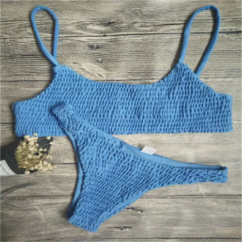 Plain Smocked Mid Rise Thong Bottom Bikinis
