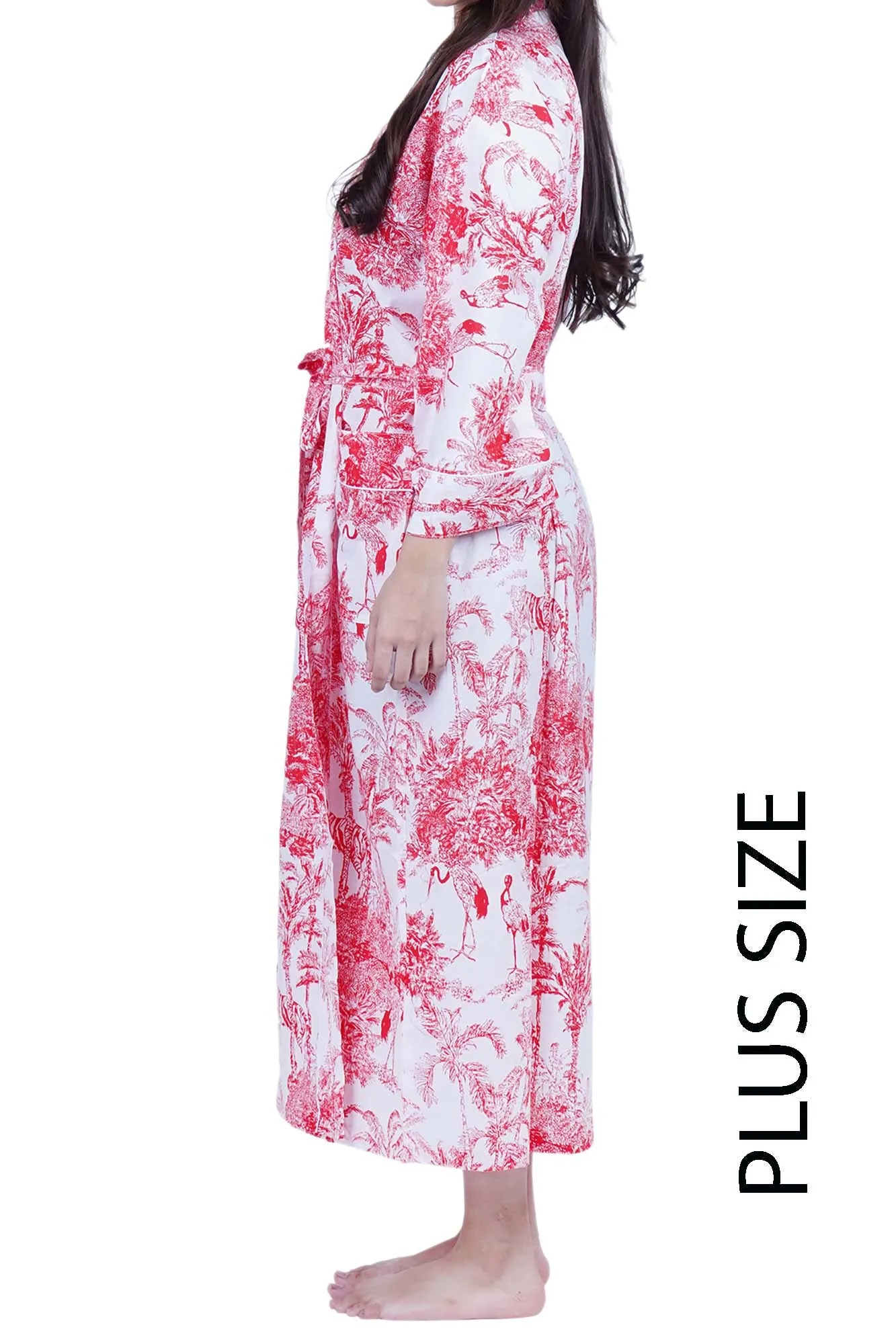 Plus Size Red & White Jungle Print Long Cotton Kimono Dressing Gown