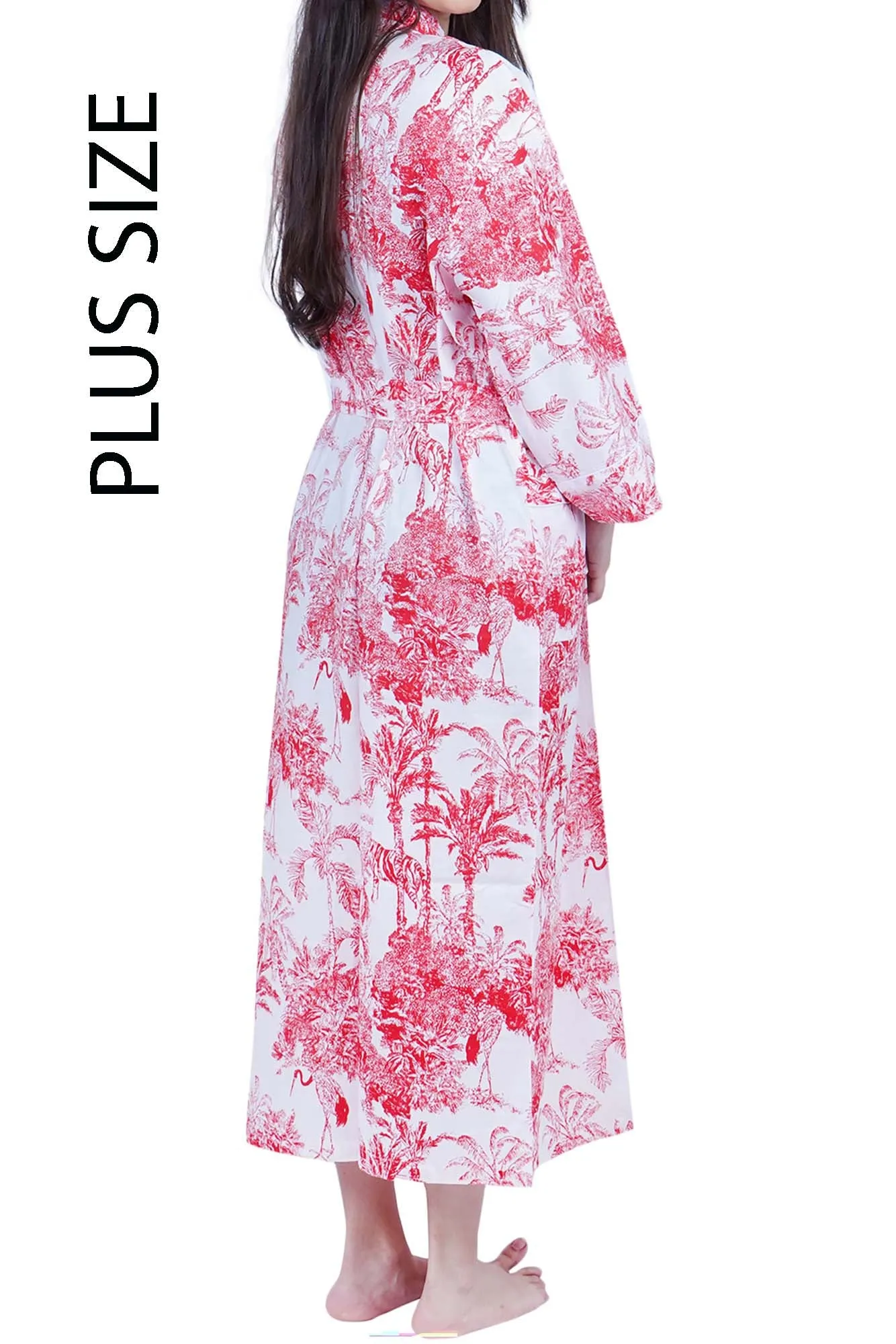 Plus Size Red & White Jungle Print Long Cotton Kimono Dressing Gown