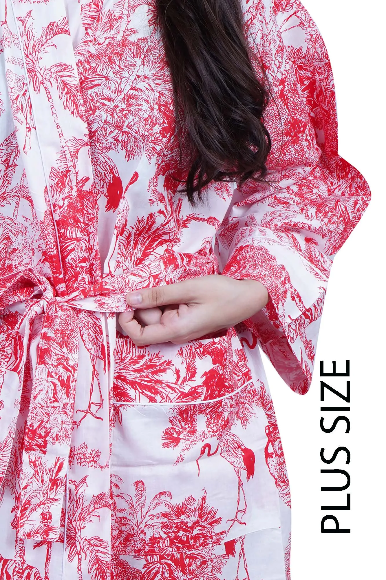 Plus Size Red & White Jungle Print Long Cotton Kimono Dressing Gown