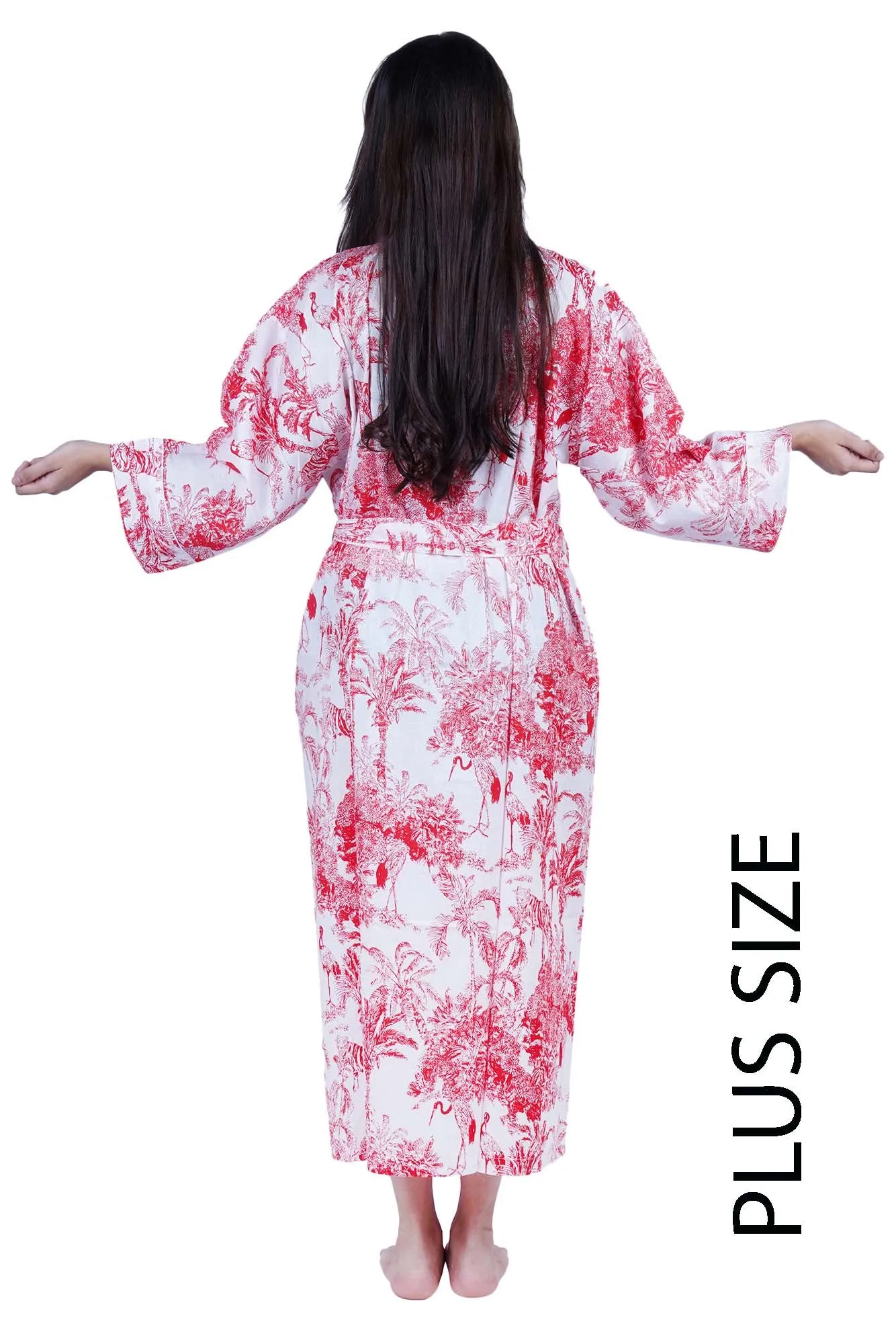 Plus Size Red & White Jungle Print Long Cotton Kimono Dressing Gown