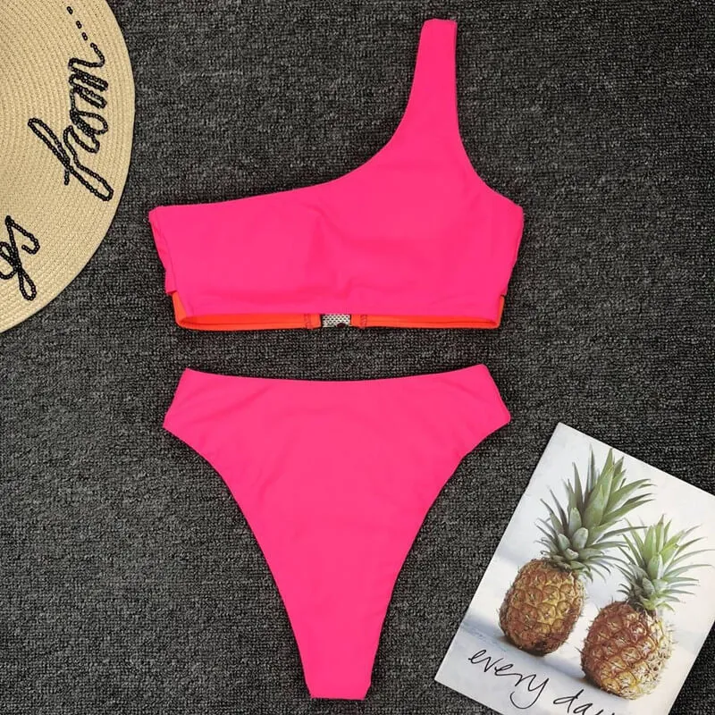 Rose Red One Shoulder High Rise Thong Bottom Bikinis
